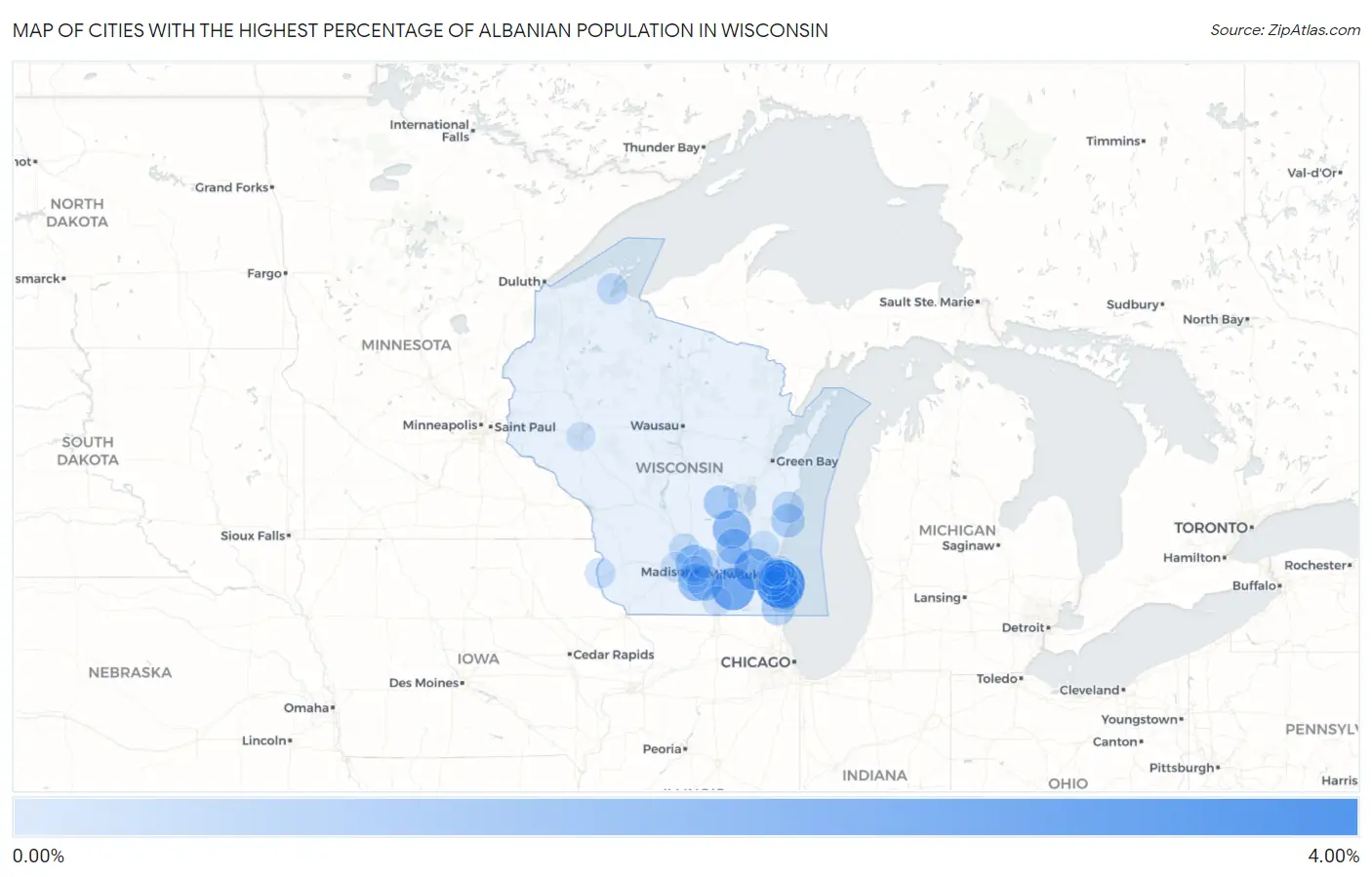 Cities with the Highest Percentage of Albanian Population in Wisconsin Map