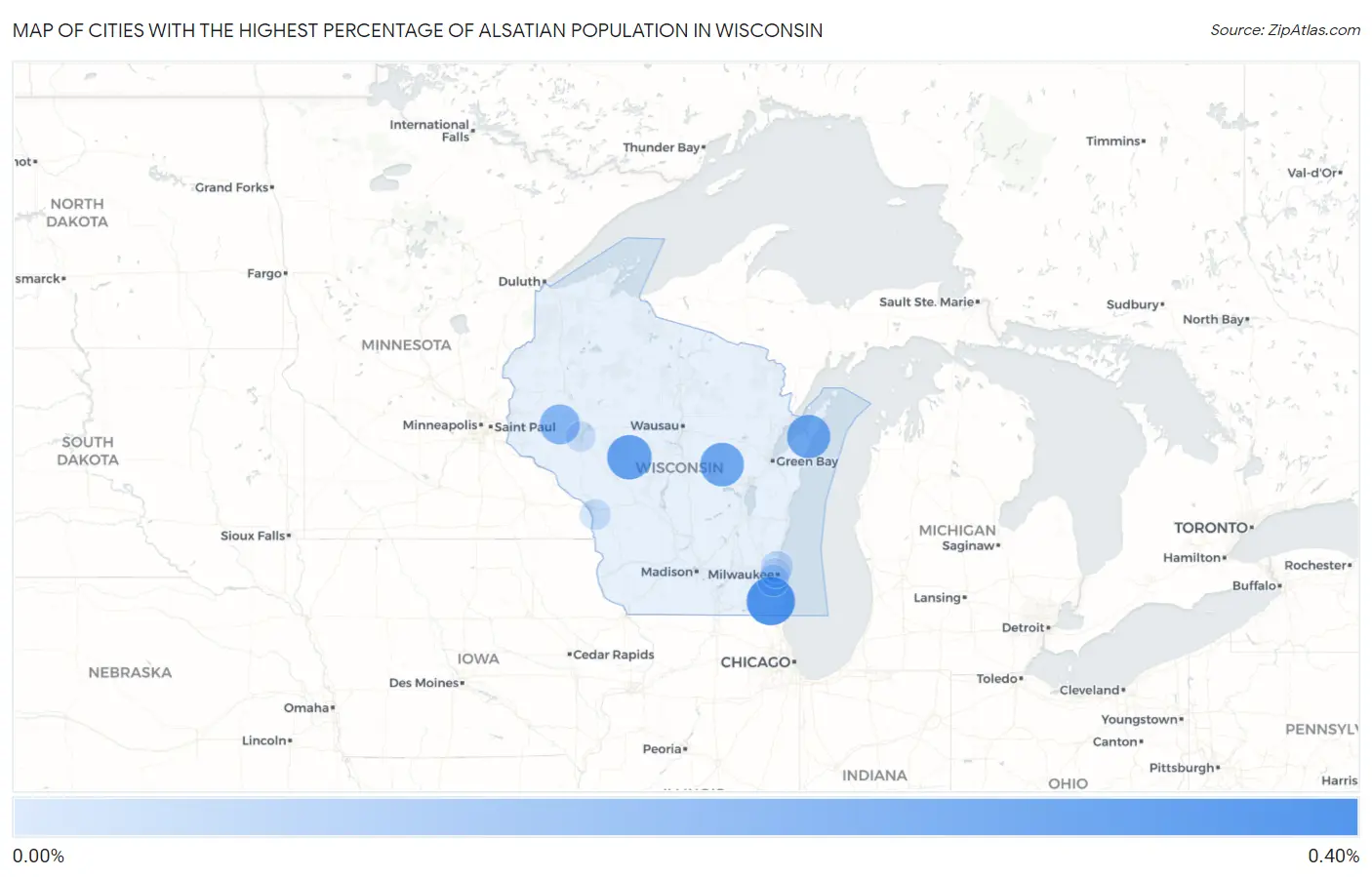 Cities with the Highest Percentage of Alsatian Population in Wisconsin Map