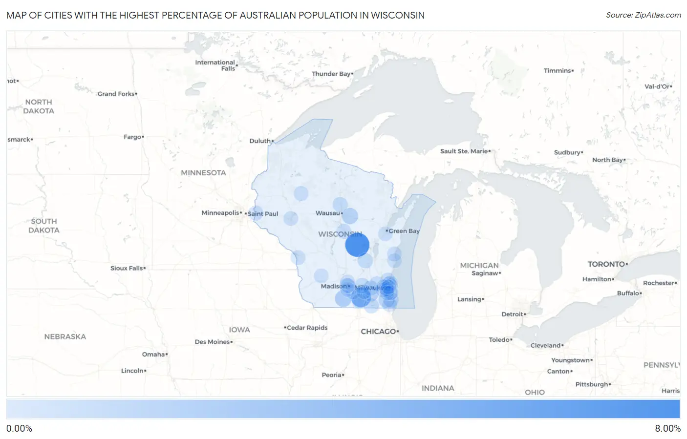 Cities with the Highest Percentage of Australian Population in Wisconsin Map