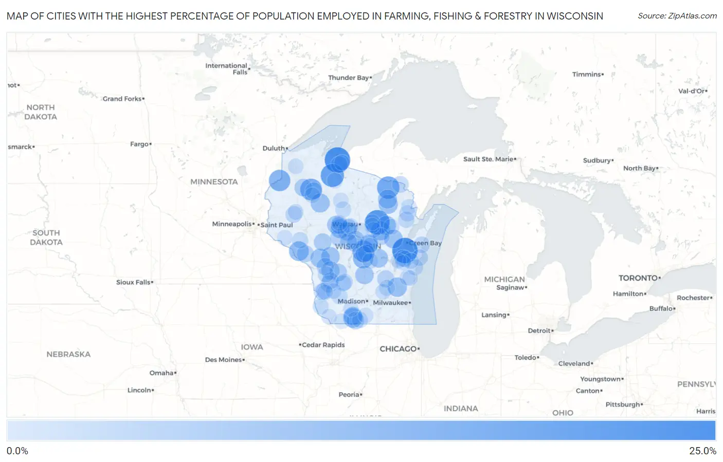 Cities with the Highest Percentage of Population Employed in Farming, Fishing & Forestry in Wisconsin Map