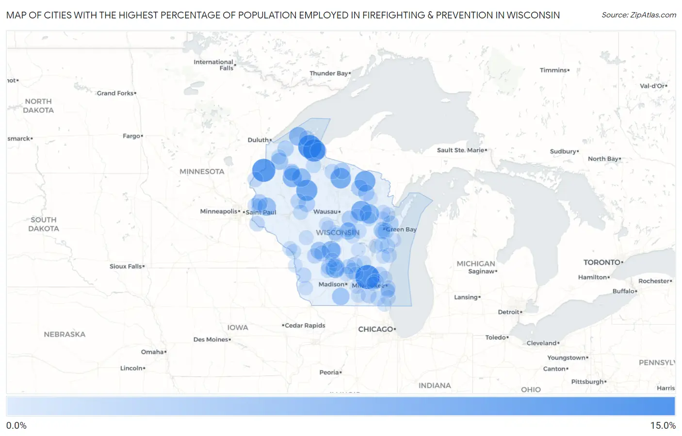 Cities with the Highest Percentage of Population Employed in Firefighting & Prevention in Wisconsin Map