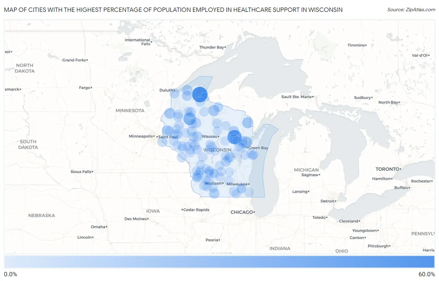 Cities with the Highest Percentage of Population Employed in Healthcare Support in Wisconsin Map