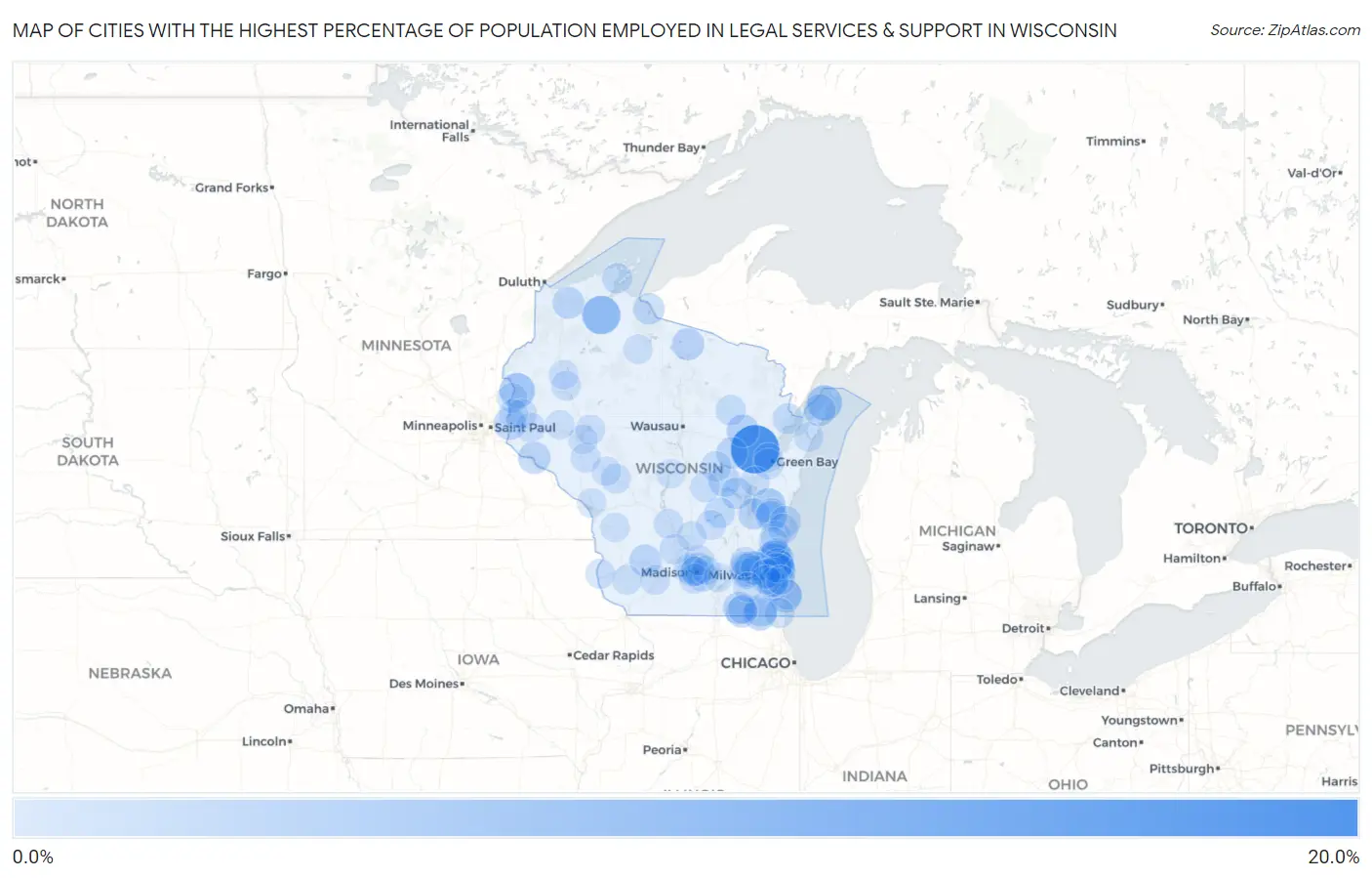 Cities with the Highest Percentage of Population Employed in Legal Services & Support in Wisconsin Map