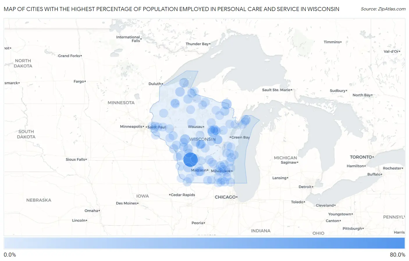 Cities with the Highest Percentage of Population Employed in Personal Care and Service in Wisconsin Map