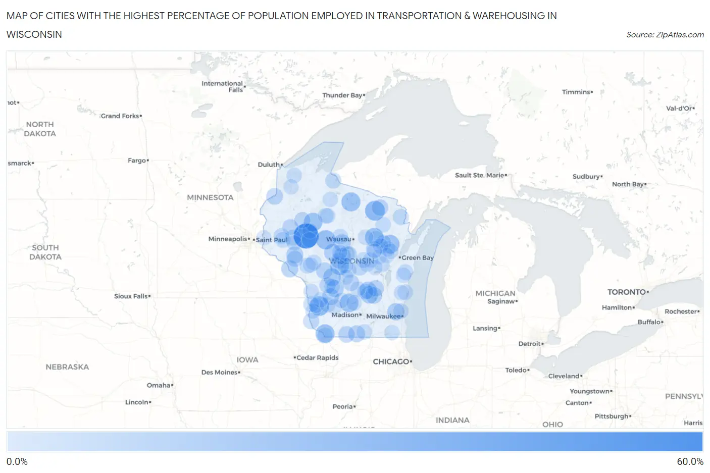 Cities with the Highest Percentage of Population Employed in Transportation & Warehousing in Wisconsin Map