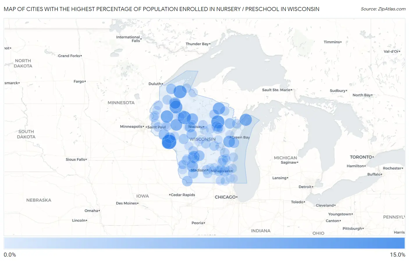 Cities with the Highest Percentage of Population Enrolled in Nursery / Preschool in Wisconsin Map