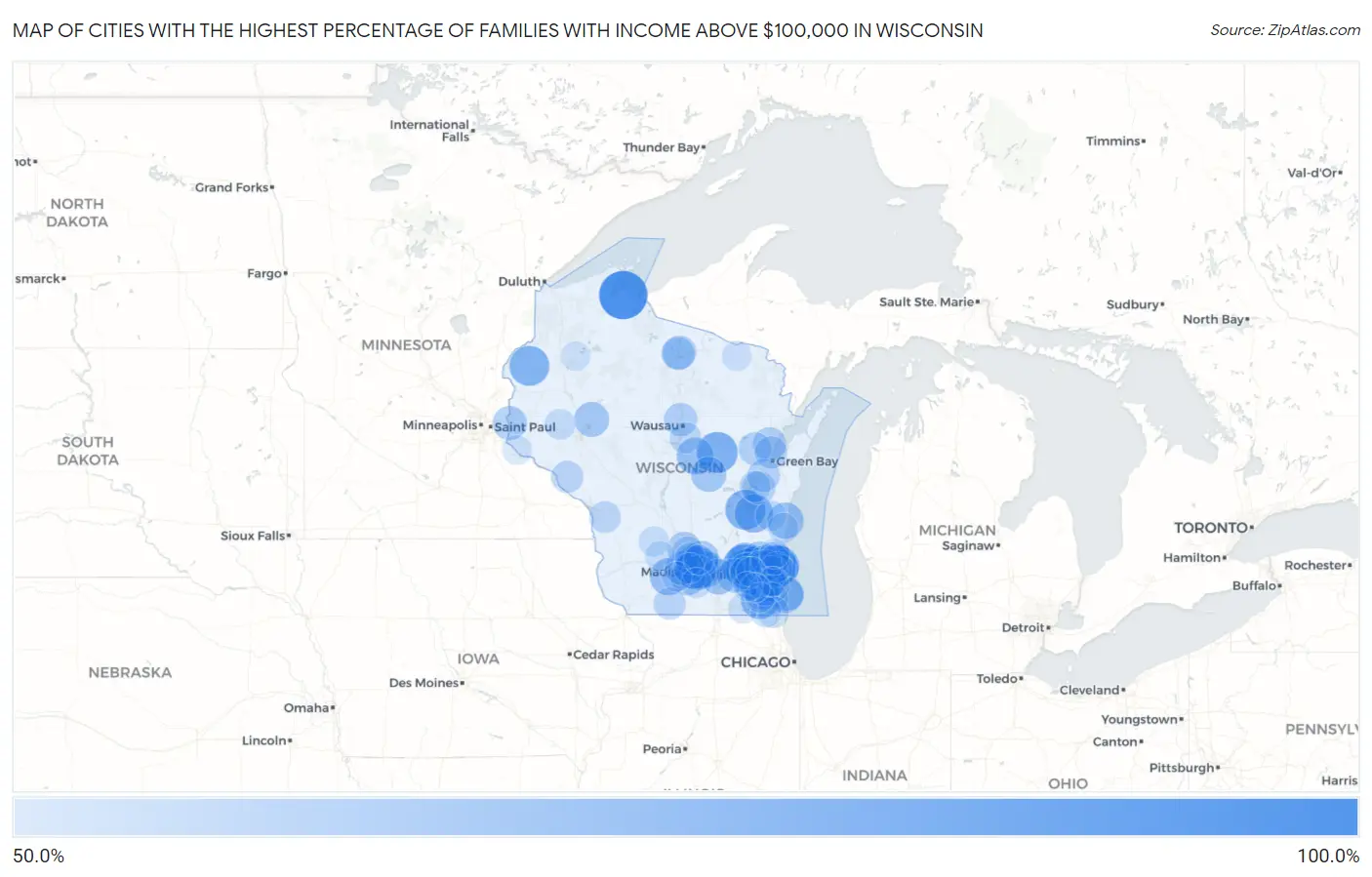 Cities with the Highest Percentage of Families with Income Above $100,000 in Wisconsin Map