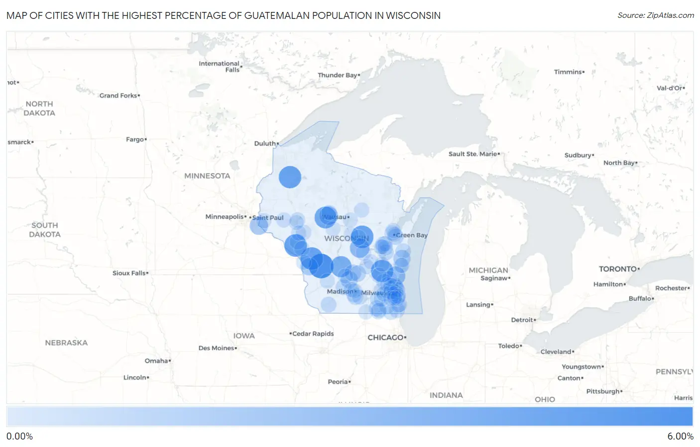 Cities with the Highest Percentage of Guatemalan Population in Wisconsin Map