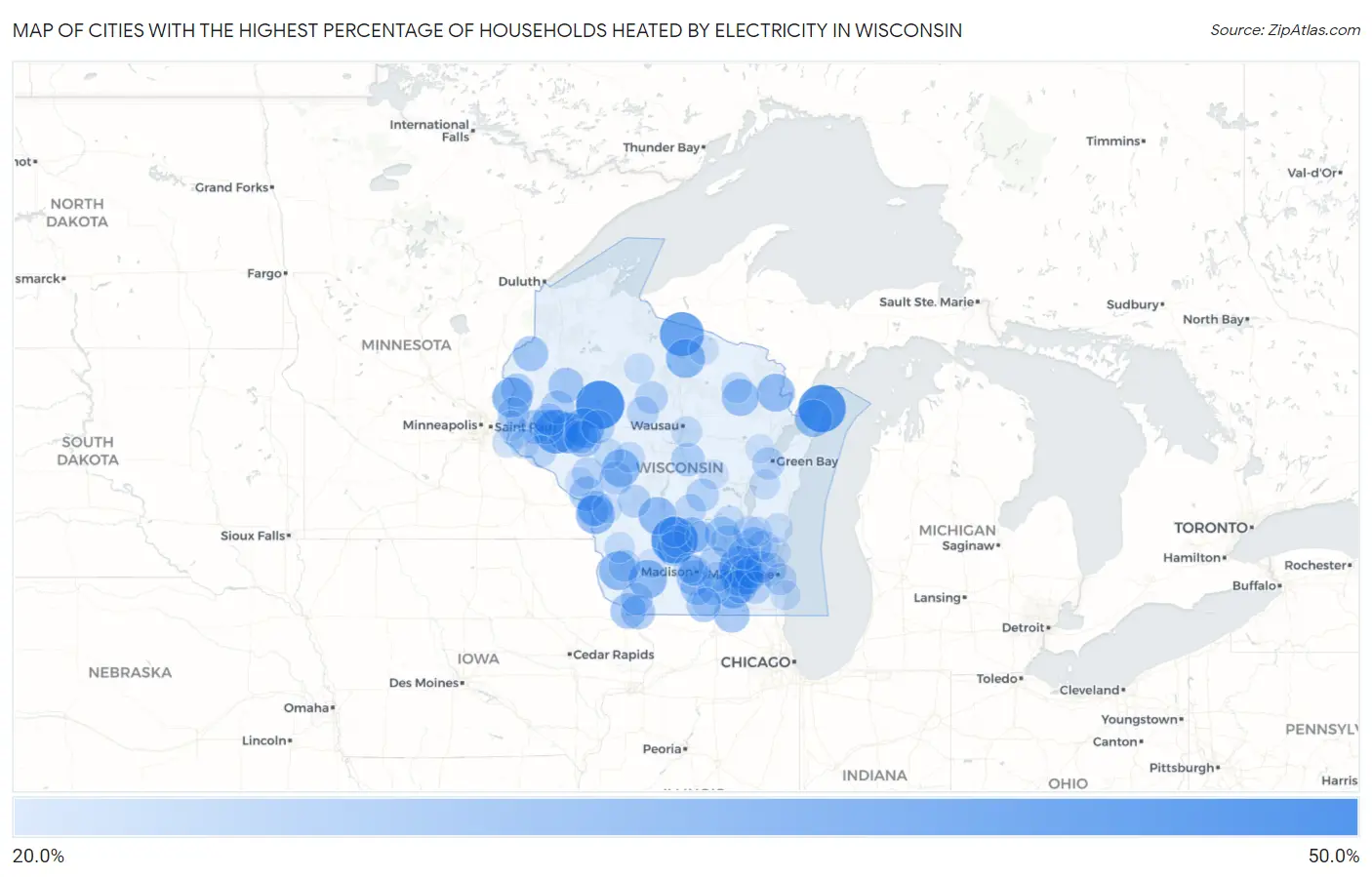 Cities with the Highest Percentage of Households Heated by Electricity in Wisconsin Map