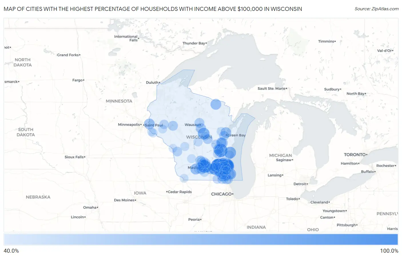 Cities with the Highest Percentage of Households with Income Above $100,000 in Wisconsin Map