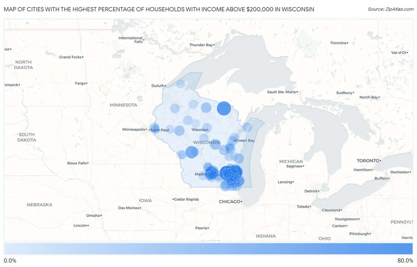 Cities with the Highest Percentage of Households with Income Above $200,000 in Wisconsin Map