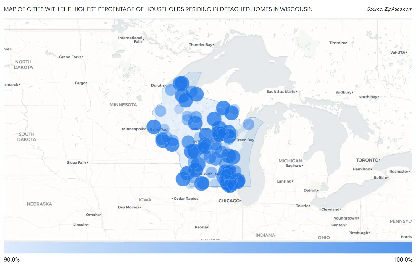 Cities with the Highest Percentage of Households Residing in Detached Homes in Wisconsin Map