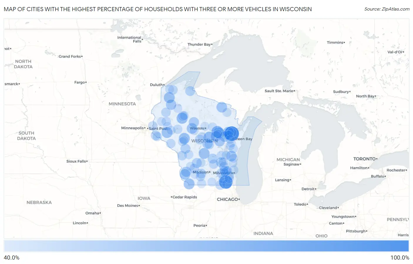 Cities with the Highest Percentage of Households With Three or more Vehicles in Wisconsin Map