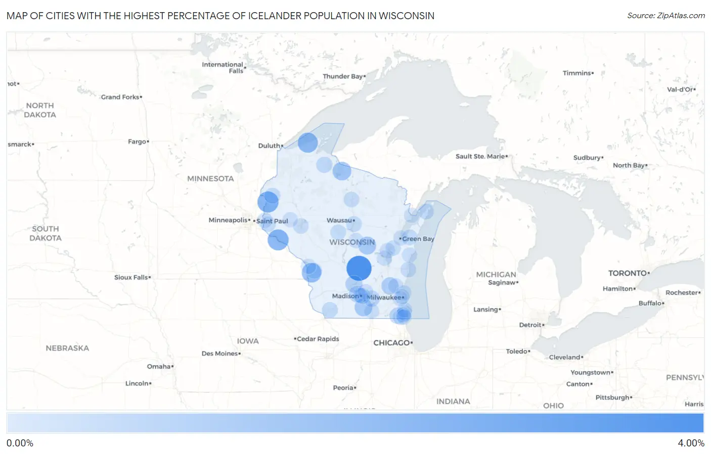 Cities with the Highest Percentage of Icelander Population in Wisconsin Map