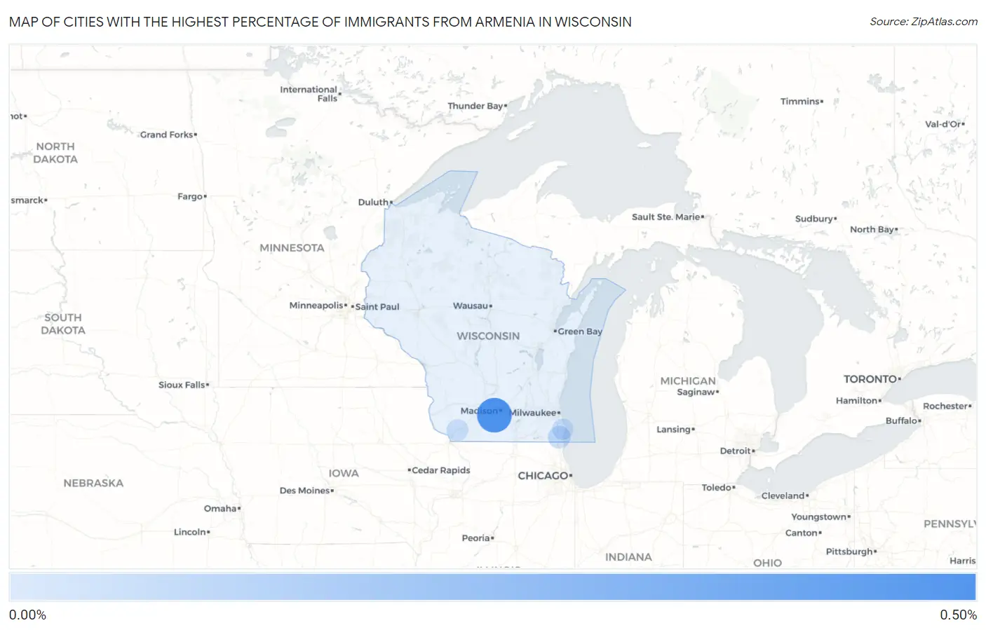 Cities with the Highest Percentage of Immigrants from Armenia in Wisconsin Map