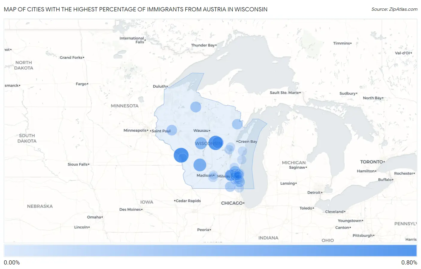 Cities with the Highest Percentage of Immigrants from Austria in Wisconsin Map
