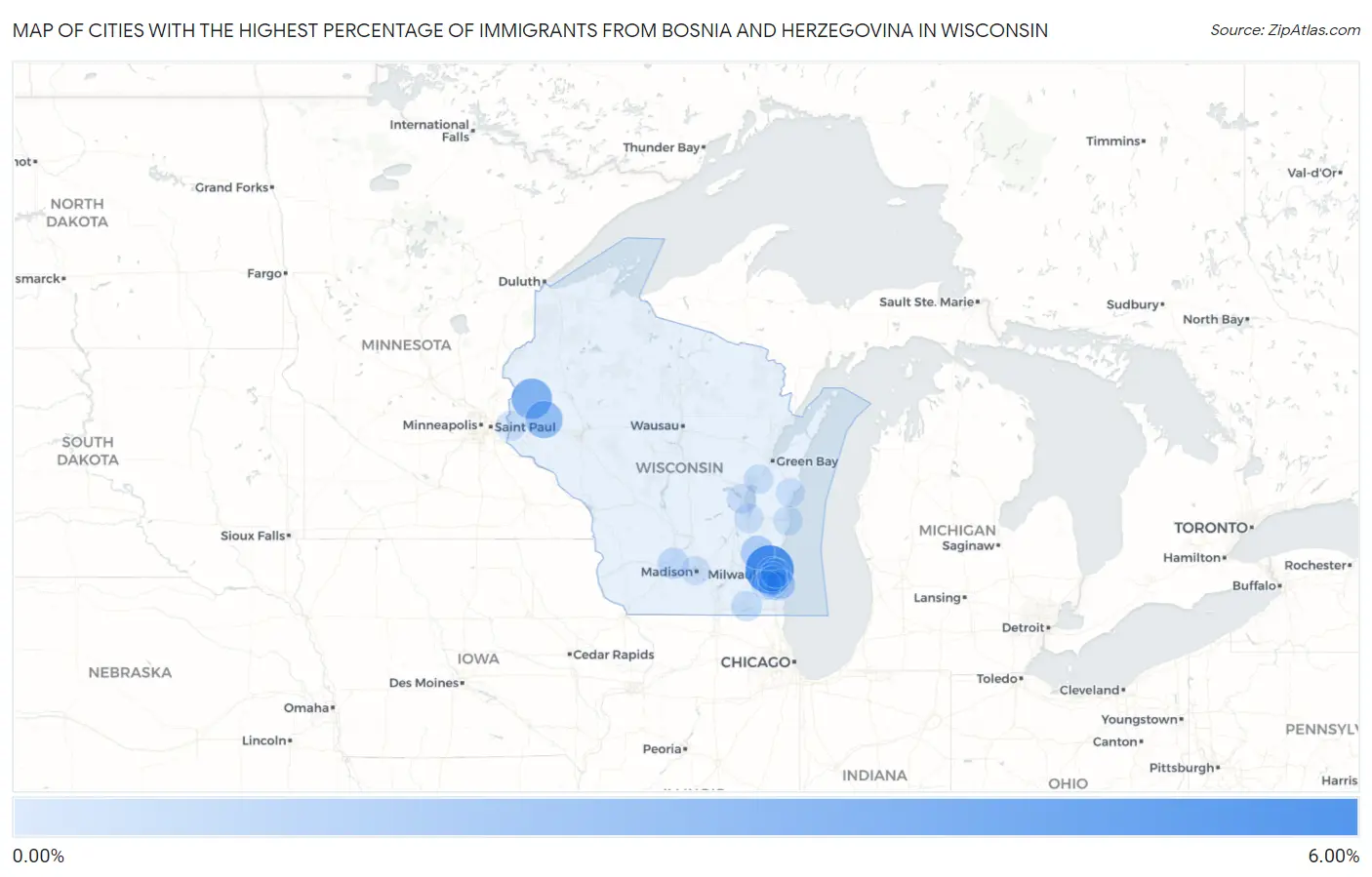 Cities with the Highest Percentage of Immigrants from Bosnia and Herzegovina in Wisconsin Map