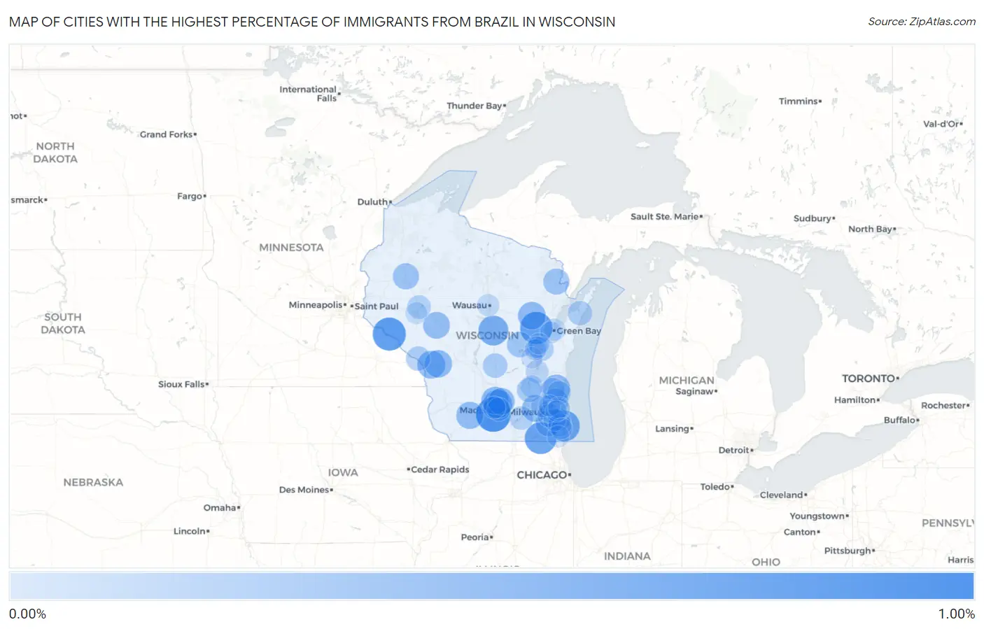 Cities with the Highest Percentage of Immigrants from Brazil in Wisconsin Map