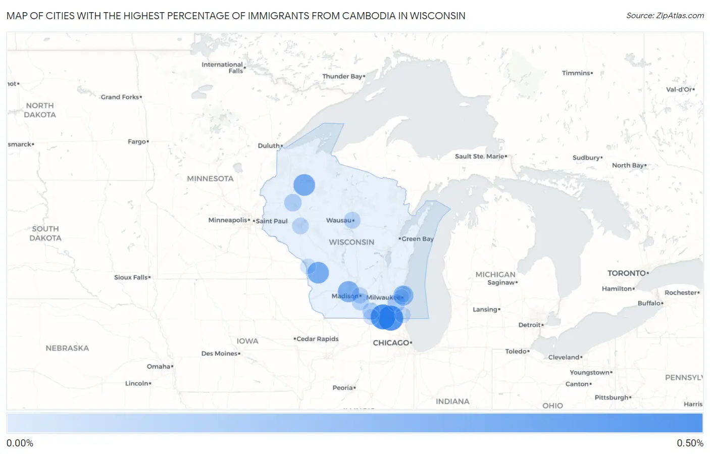 Cities with the Highest Percentage of Immigrants from Cambodia in Wisconsin Map