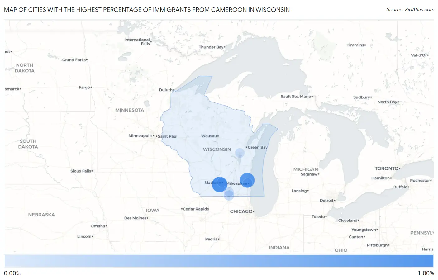 Cities with the Highest Percentage of Immigrants from Cameroon in Wisconsin Map