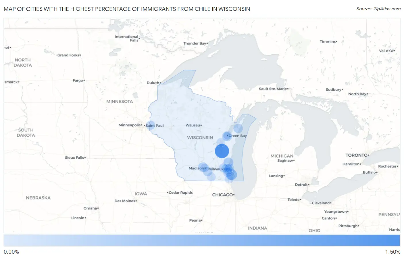 Cities with the Highest Percentage of Immigrants from Chile in Wisconsin Map