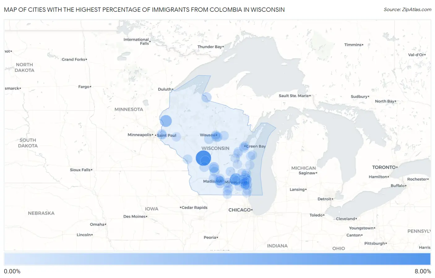 Cities with the Highest Percentage of Immigrants from Colombia in Wisconsin Map