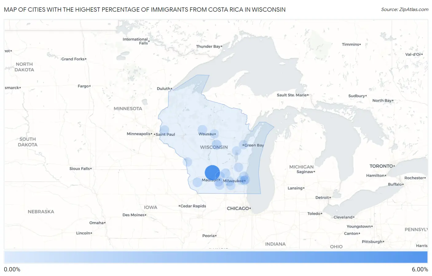 Cities with the Highest Percentage of Immigrants from Costa Rica in Wisconsin Map