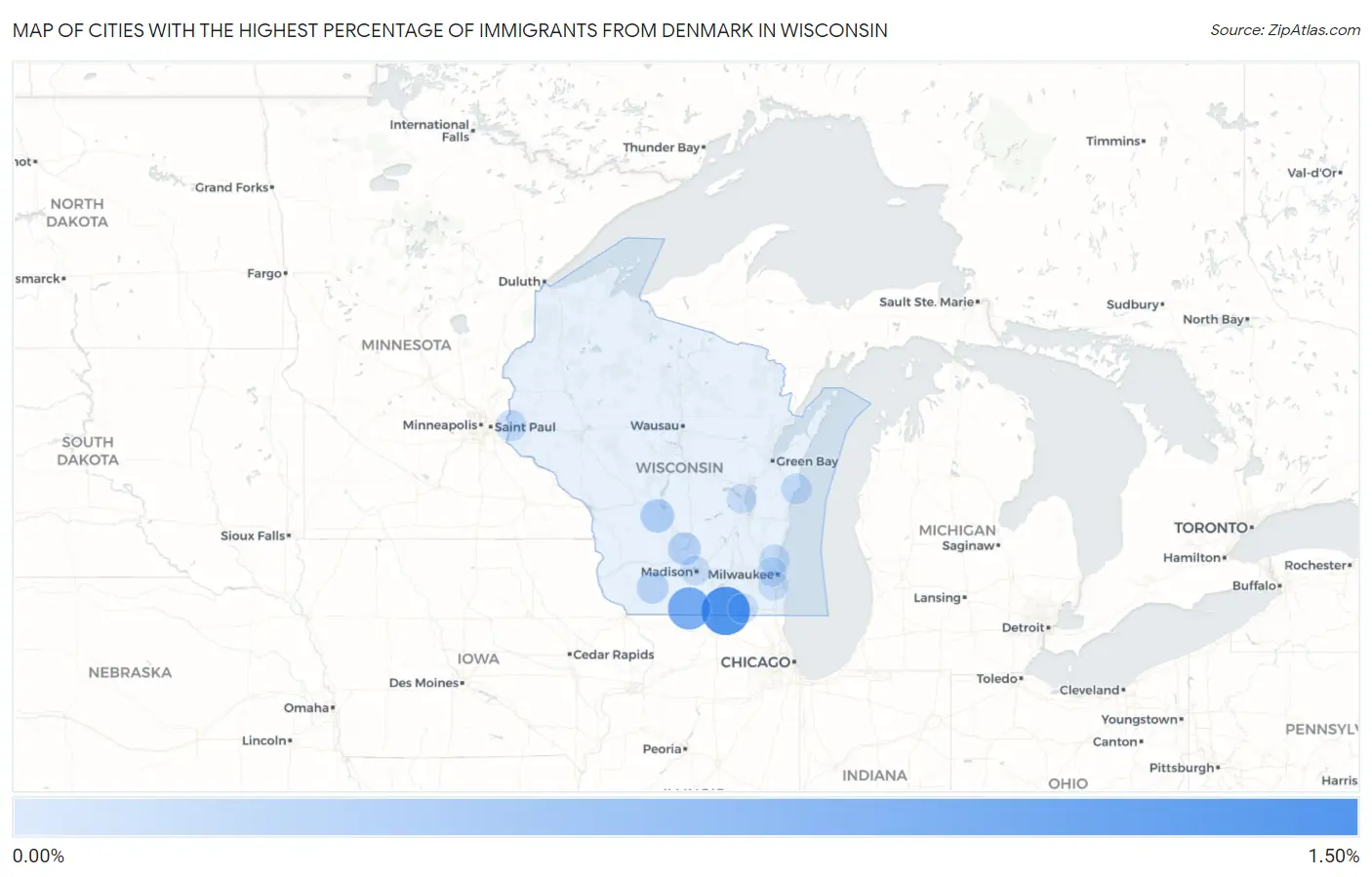 Cities with the Highest Percentage of Immigrants from Denmark in Wisconsin Map