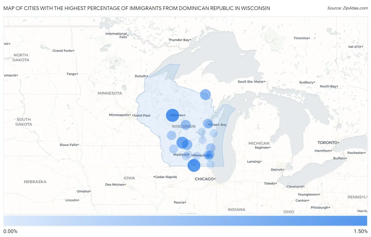 Cities with the Highest Percentage of Immigrants from Dominican Republic in Wisconsin Map