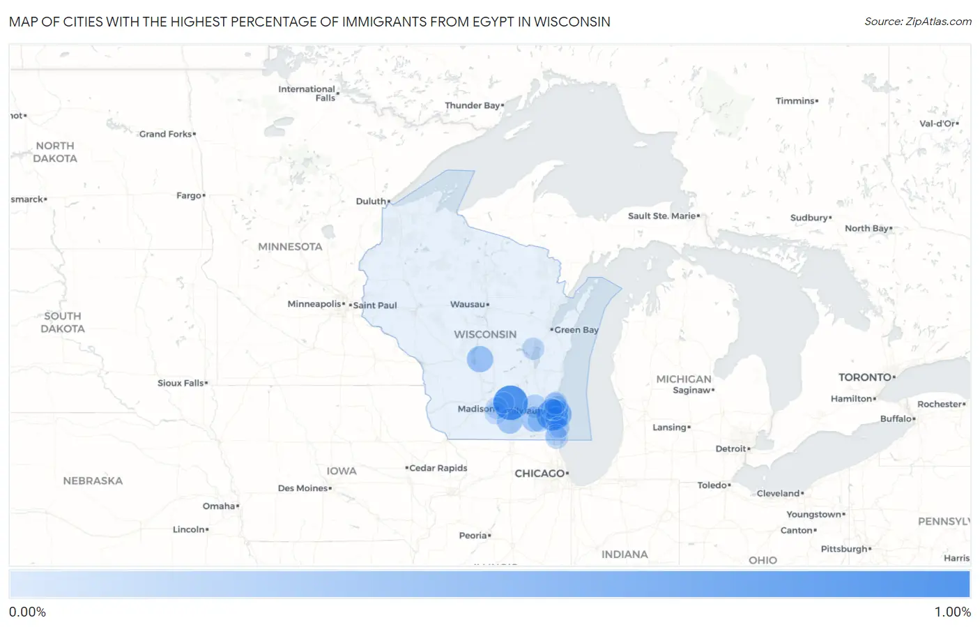 Cities with the Highest Percentage of Immigrants from Egypt in Wisconsin Map