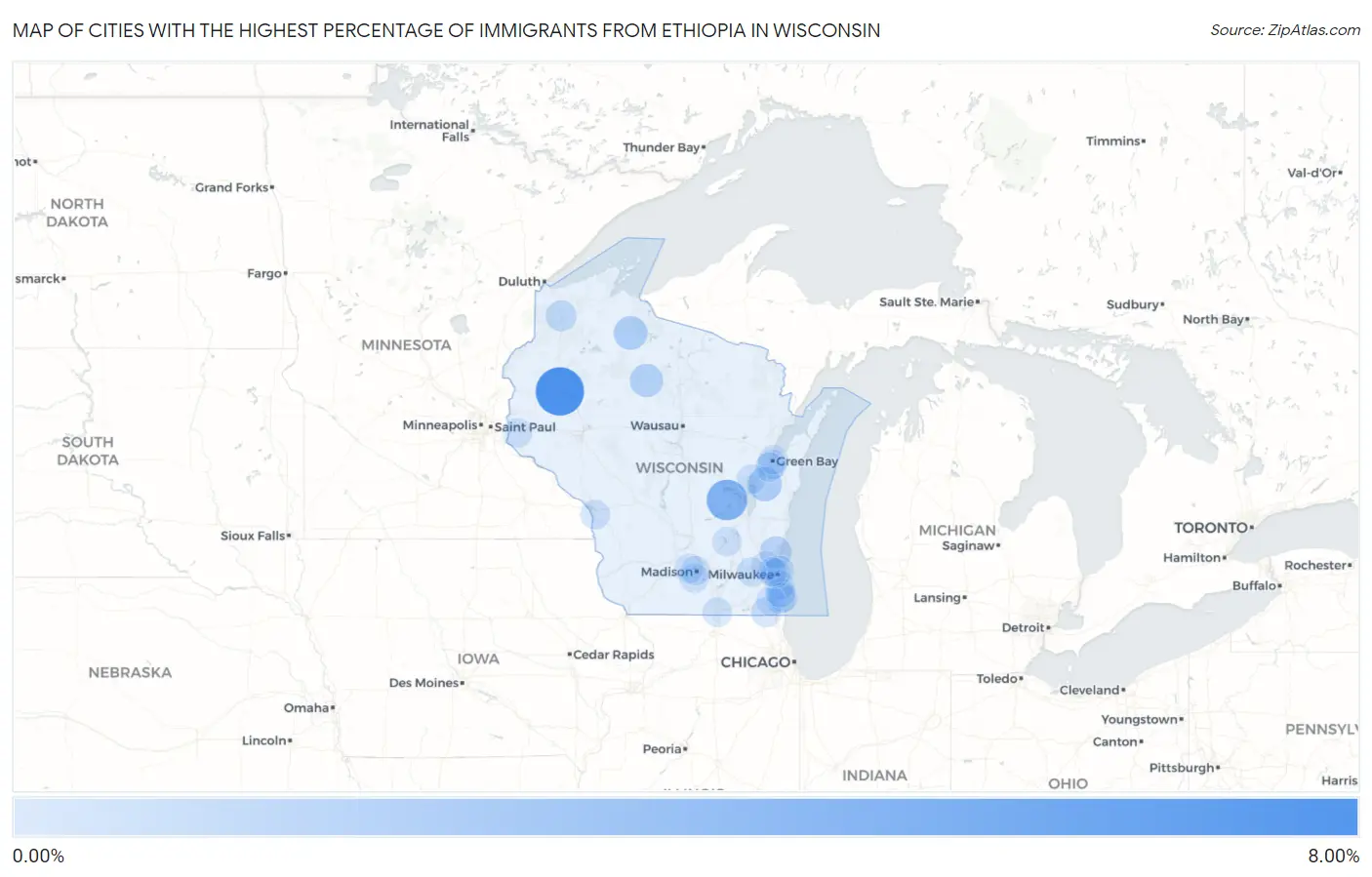 Cities with the Highest Percentage of Immigrants from Ethiopia in Wisconsin Map