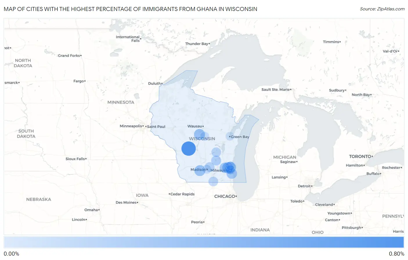 Cities with the Highest Percentage of Immigrants from Ghana in Wisconsin Map