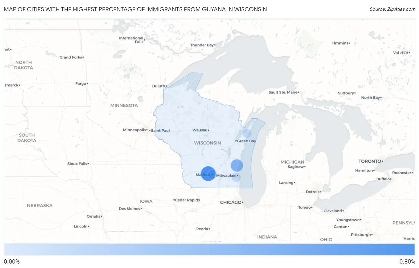 Cities with the Highest Percentage of Immigrants from Guyana in Wisconsin Map