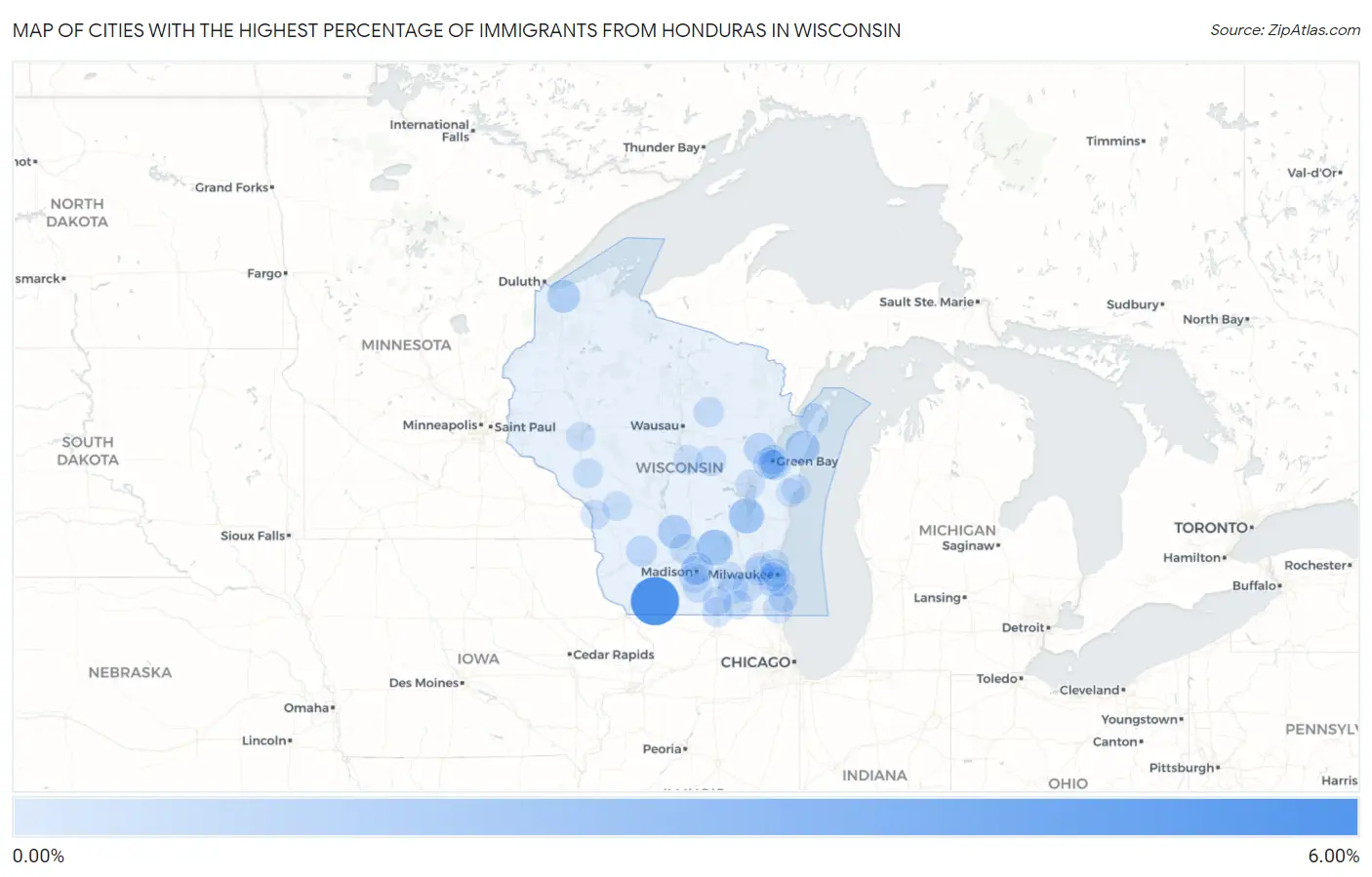 Cities with the Highest Percentage of Immigrants from Honduras in Wisconsin Map