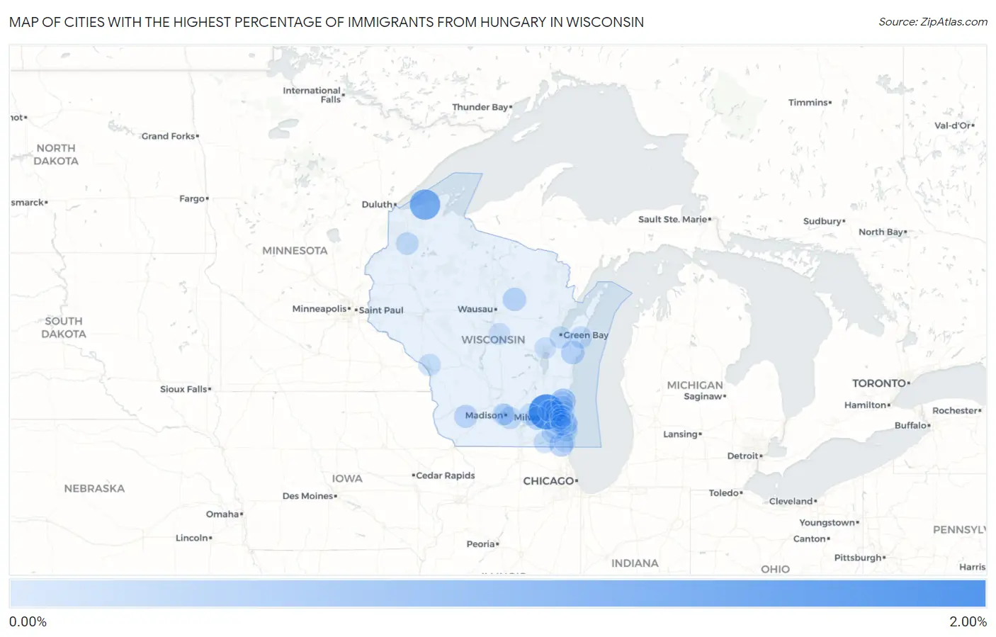 Cities with the Highest Percentage of Immigrants from Hungary in Wisconsin Map
