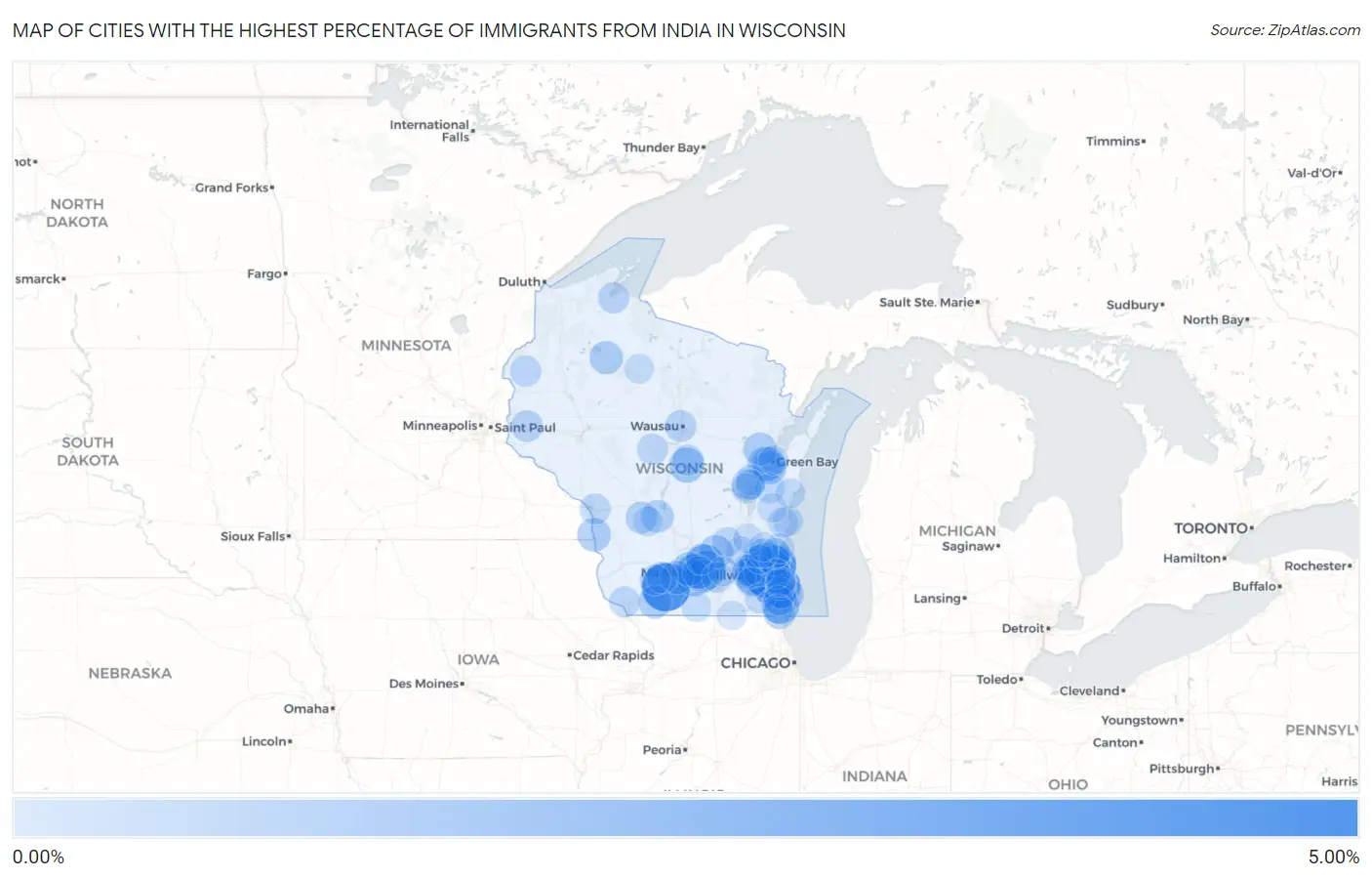 Cities with the Highest Percentage of Immigrants from India in Wisconsin Map