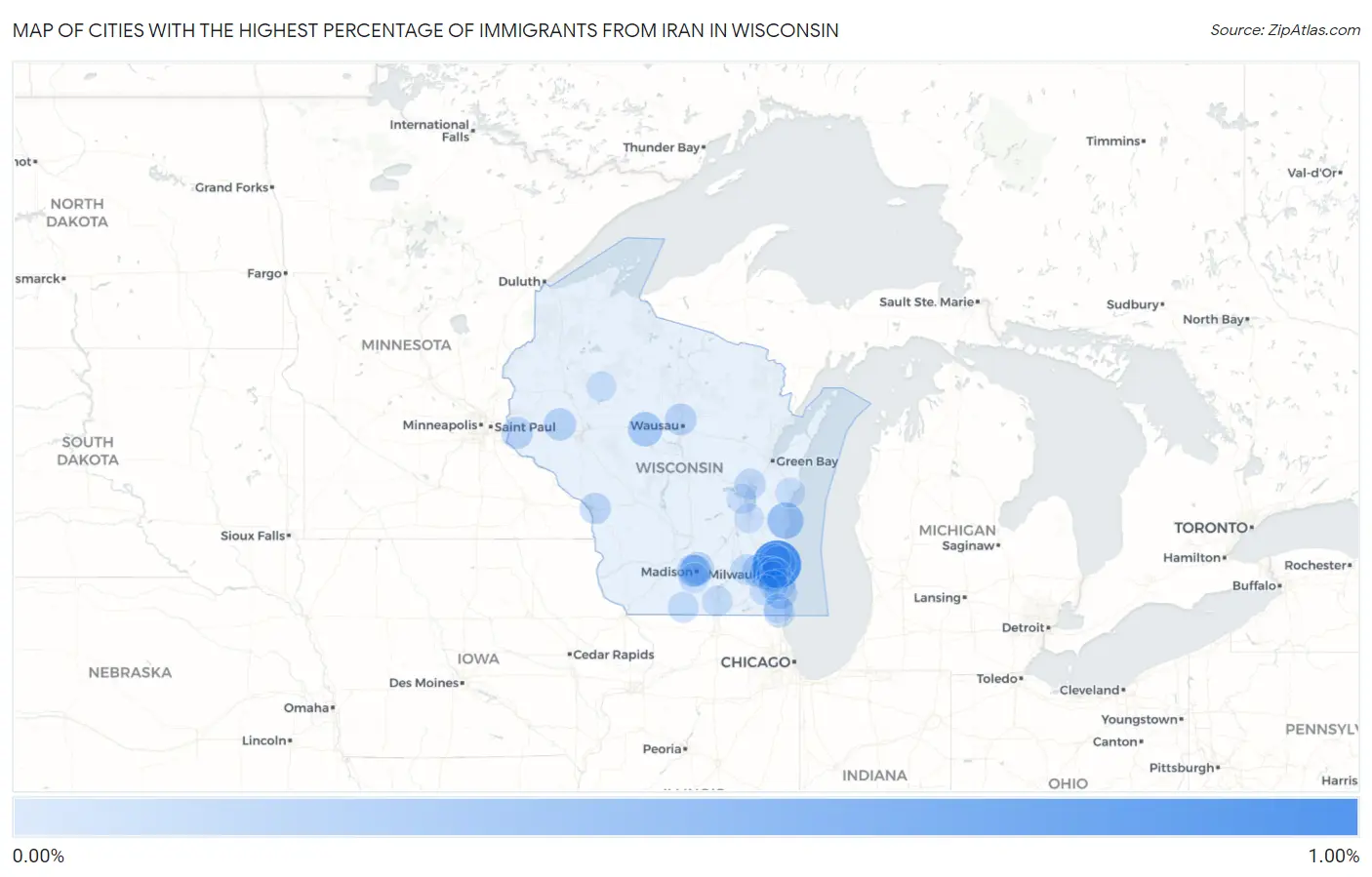 Cities with the Highest Percentage of Immigrants from Iran in Wisconsin Map