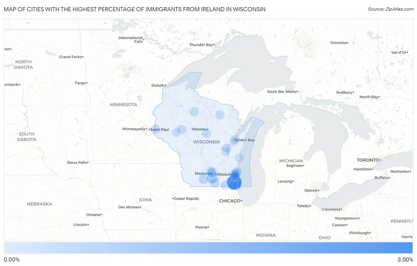 Cities with the Highest Percentage of Immigrants from Ireland in Wisconsin Map