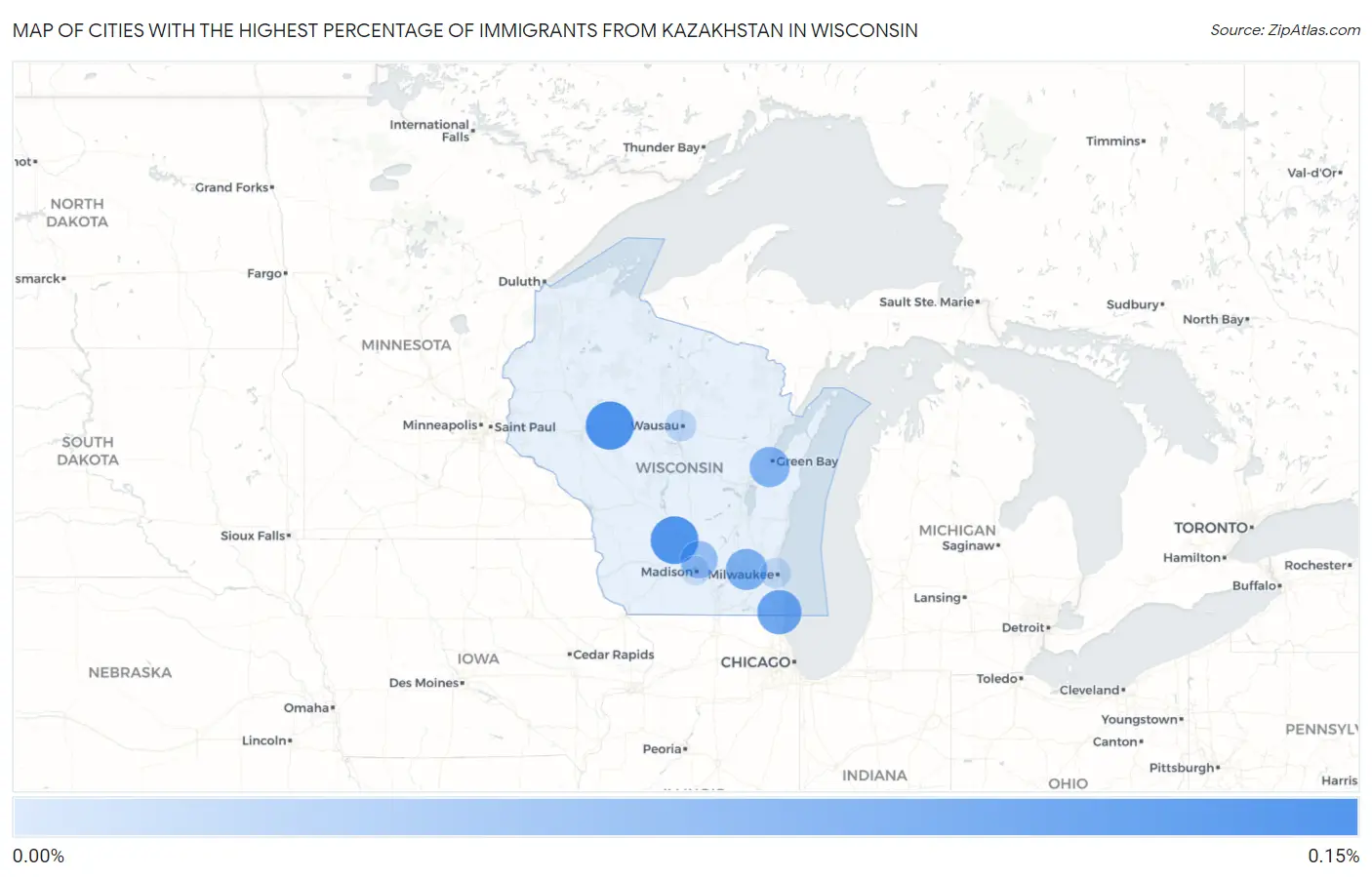 Cities with the Highest Percentage of Immigrants from Kazakhstan in Wisconsin Map