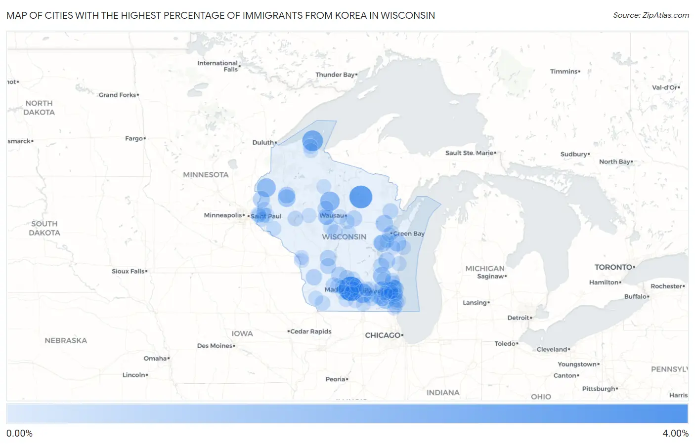 Cities with the Highest Percentage of Immigrants from Korea in Wisconsin Map