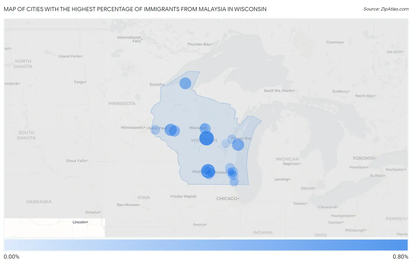 Cities with the Highest Percentage of Immigrants from Malaysia in Wisconsin Map