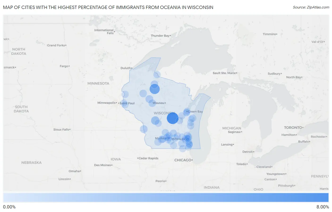Cities with the Highest Percentage of Immigrants from Oceania in Wisconsin Map
