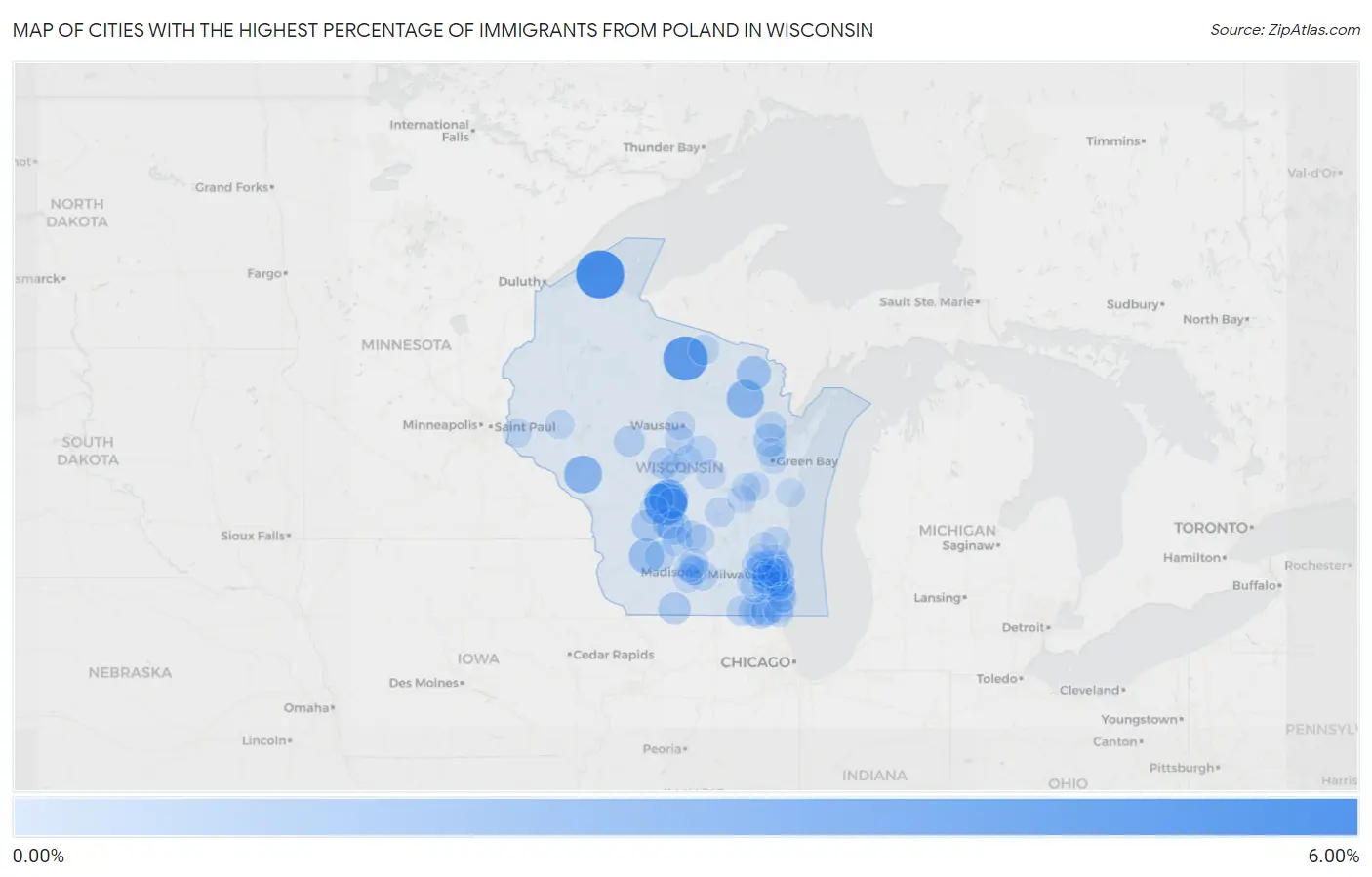 Cities with the Highest Percentage of Immigrants from Poland in Wisconsin Map