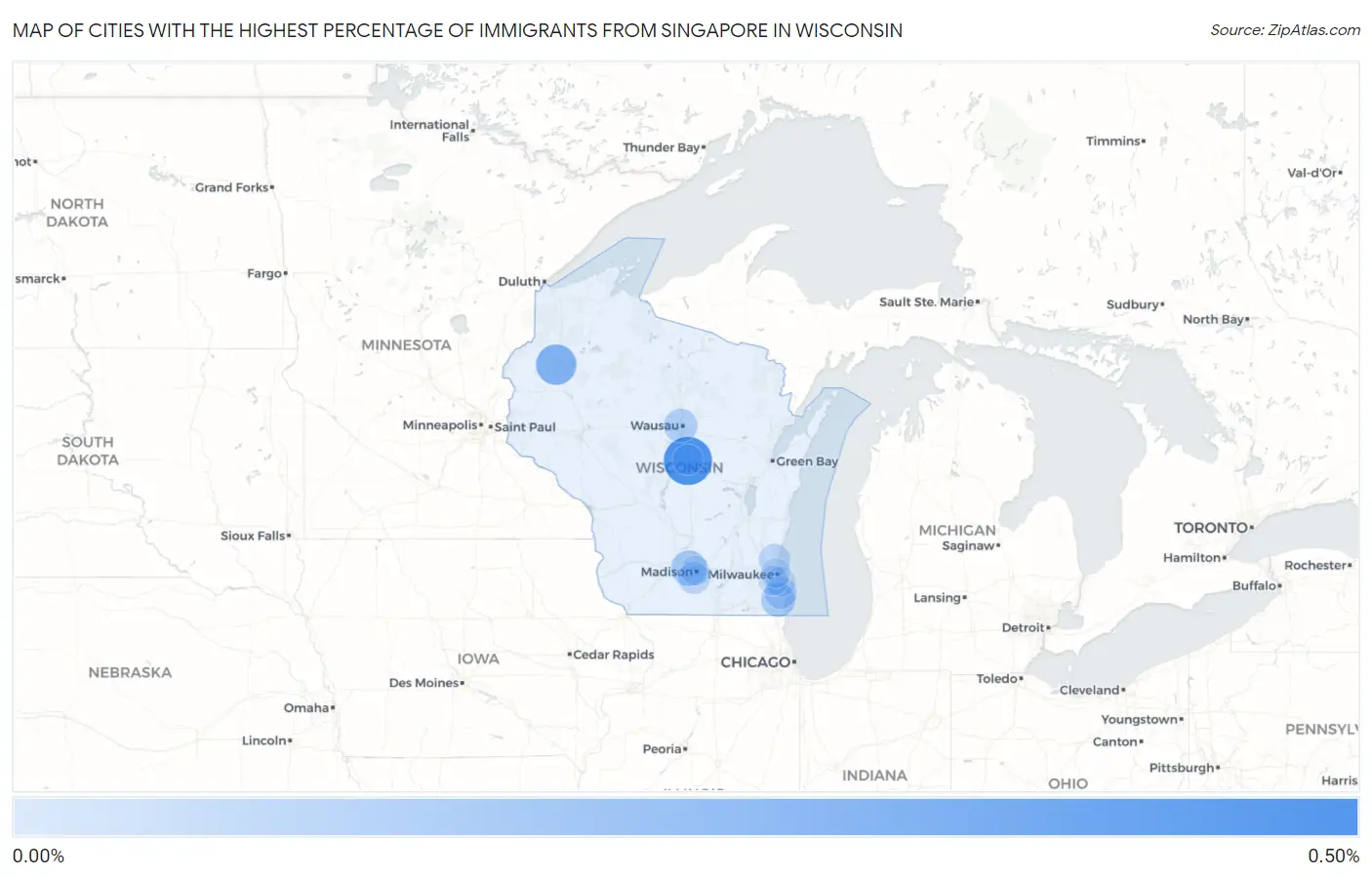 Cities with the Highest Percentage of Immigrants from Singapore in Wisconsin Map