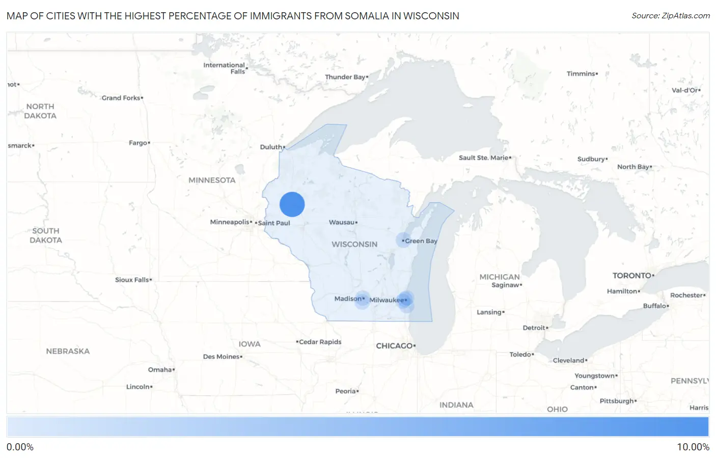 Cities with the Highest Percentage of Immigrants from Somalia in Wisconsin Map
