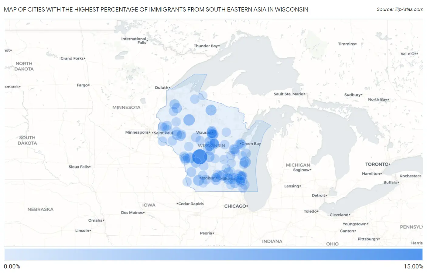Cities with the Highest Percentage of Immigrants from South Eastern Asia in Wisconsin Map