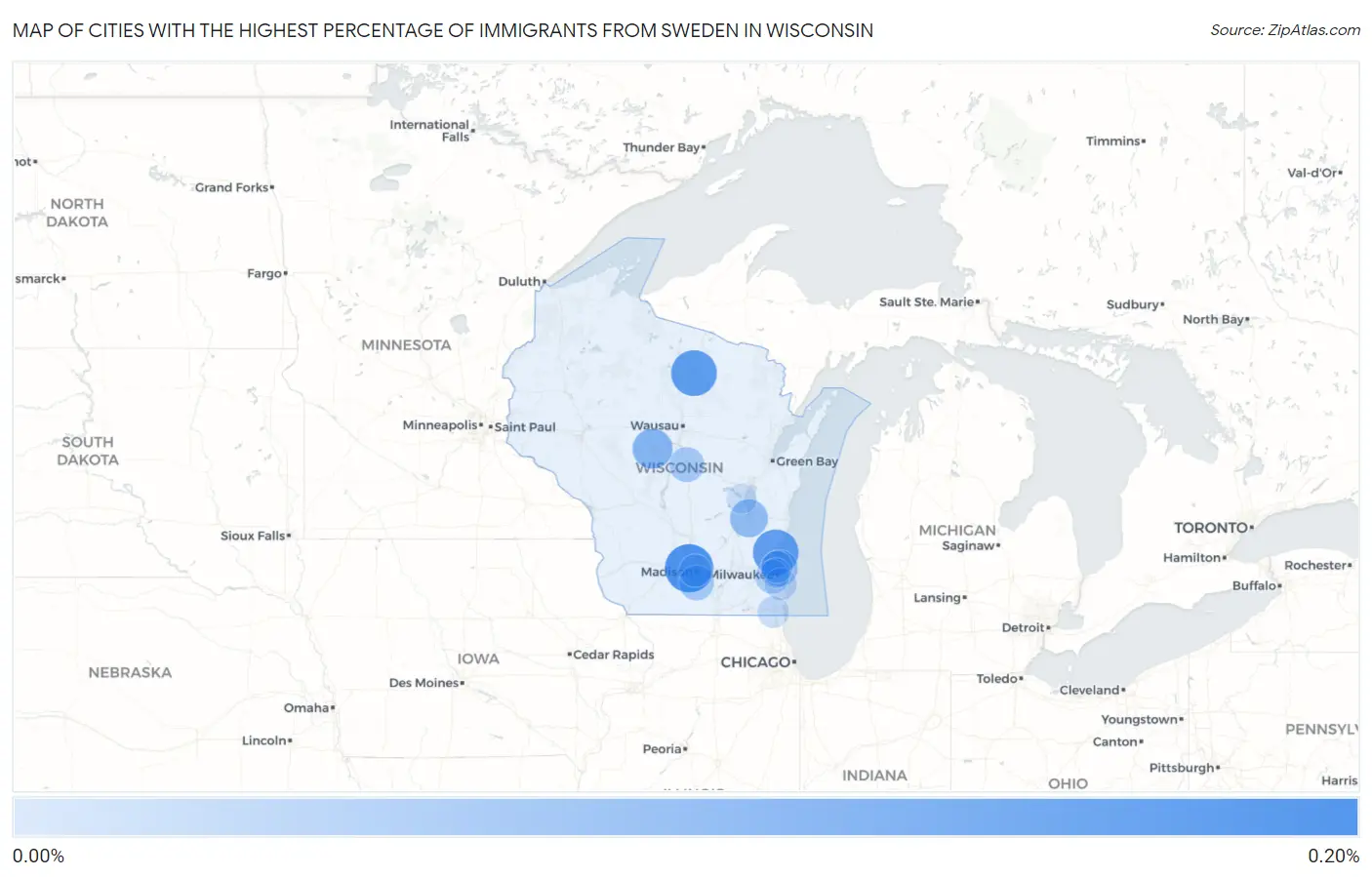 Cities with the Highest Percentage of Immigrants from Sweden in Wisconsin Map