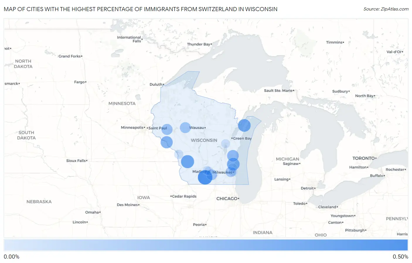 Cities with the Highest Percentage of Immigrants from Switzerland in Wisconsin Map