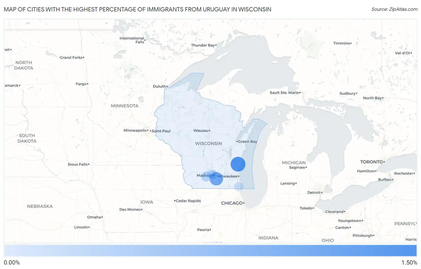 Cities with the Highest Percentage of Immigrants from Uruguay in Wisconsin Map