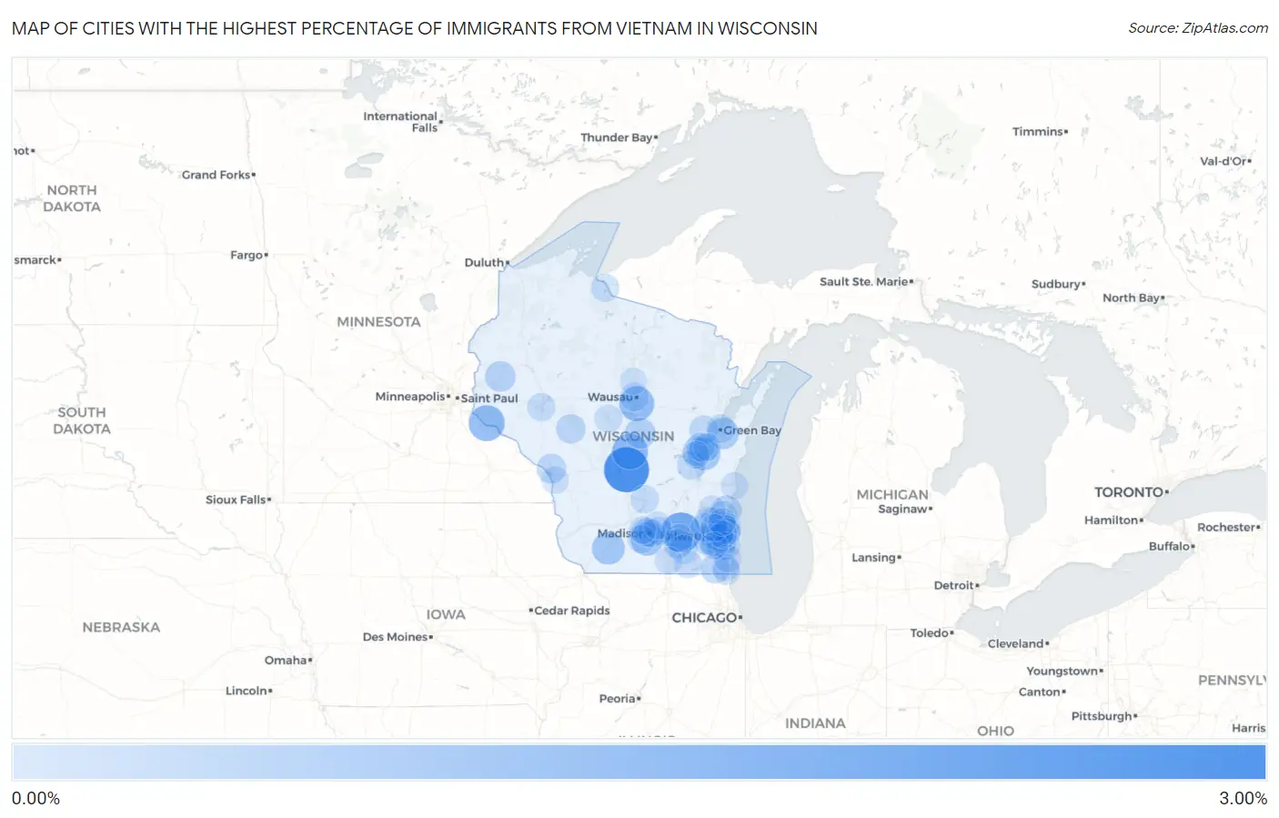 Cities with the Highest Percentage of Immigrants from Vietnam in Wisconsin Map